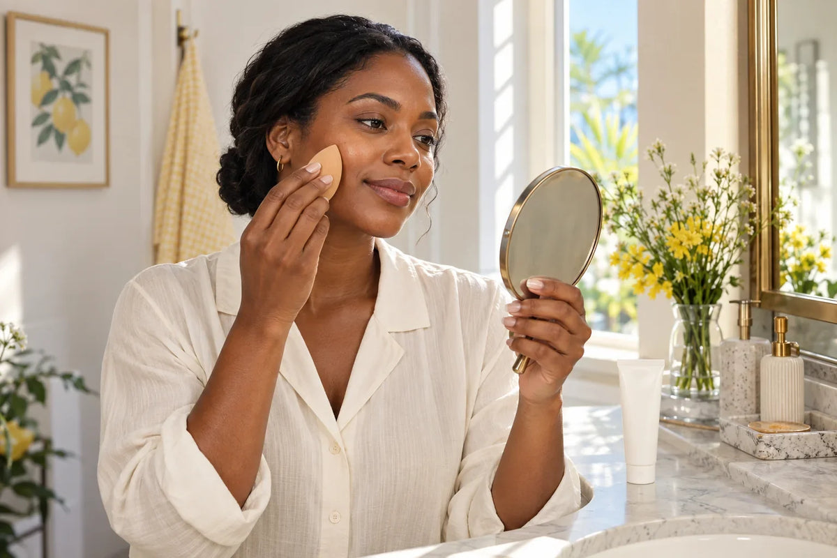 Donna che applica il trucco con una spugnetta davanti allo specchio