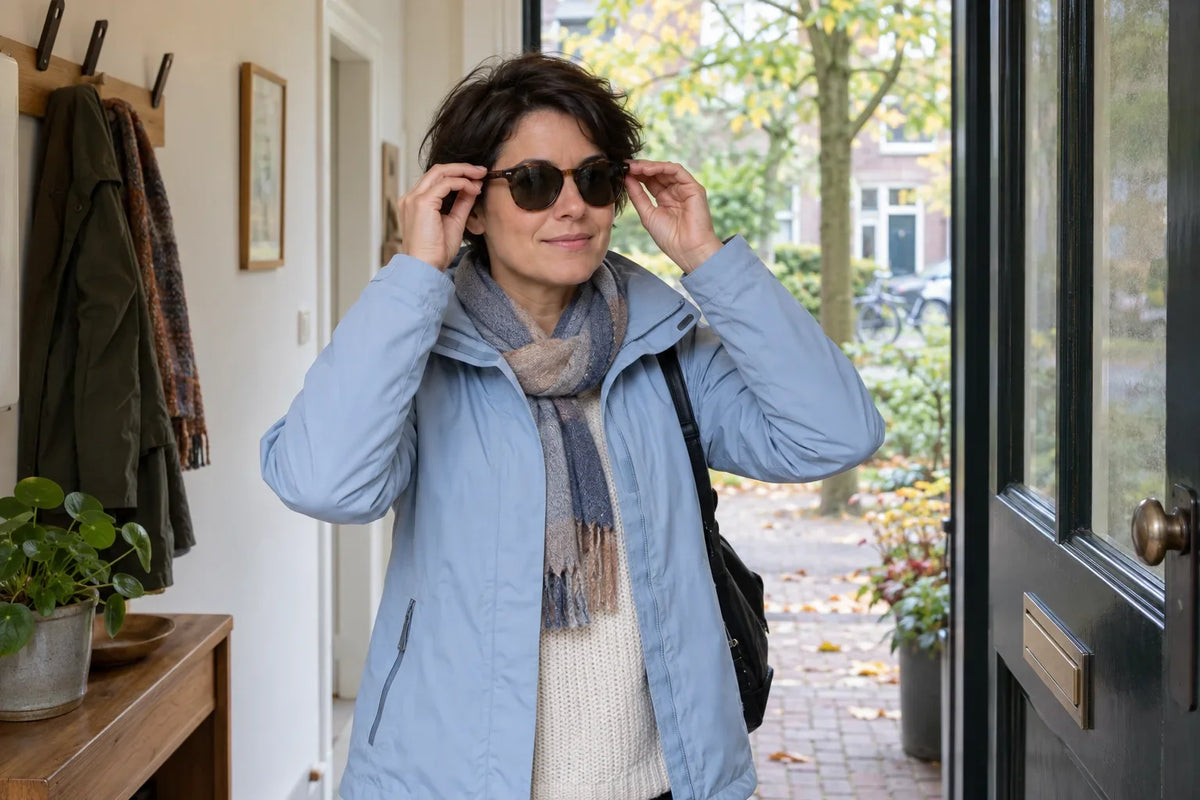 A woman in a pale blue coat puts on sunglasses by an open front door before an autumn walk.