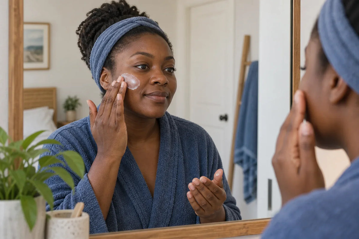 A woman with deep brown skin applies cream to her cheek beside a mirror.