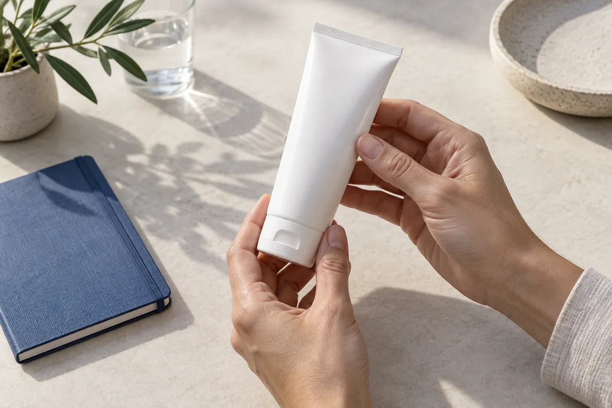 Adult hands inspect the back of a blank white tube beside a small blue notebook.