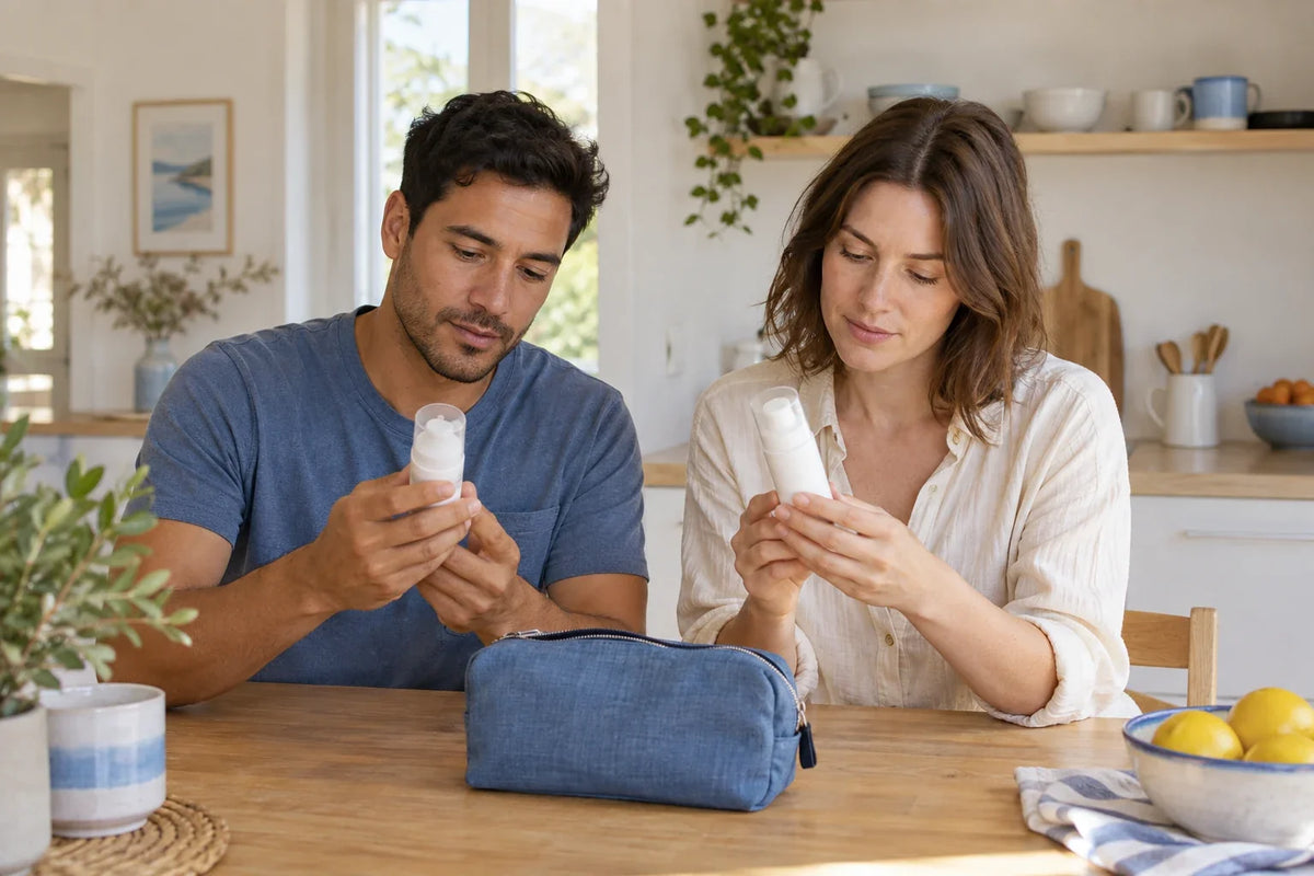 Two adults examine white pump bottles at a kitchen table with a blue wash bag.