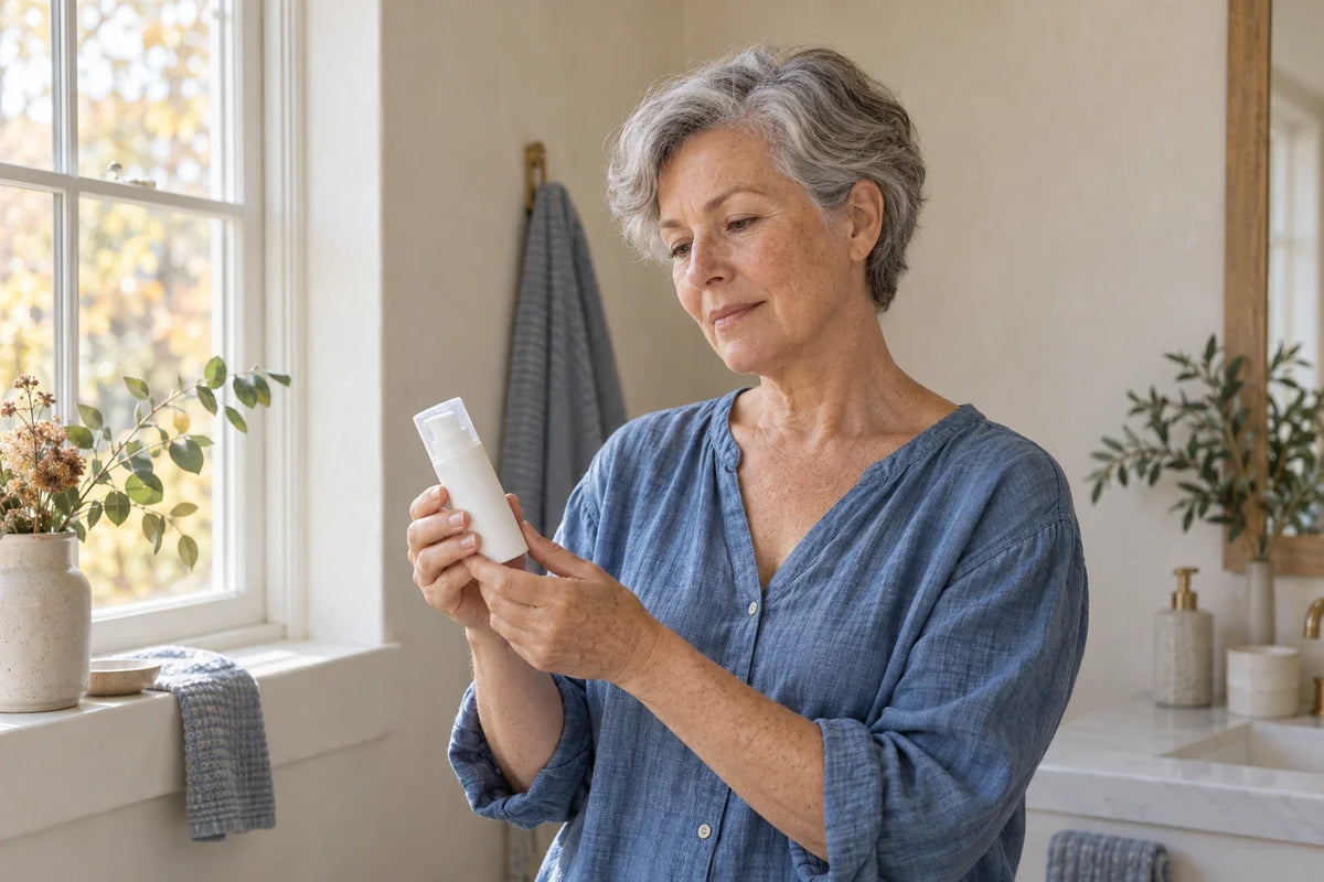 A woman with short grey hair examines a white pump bottle beside a bathroom window.