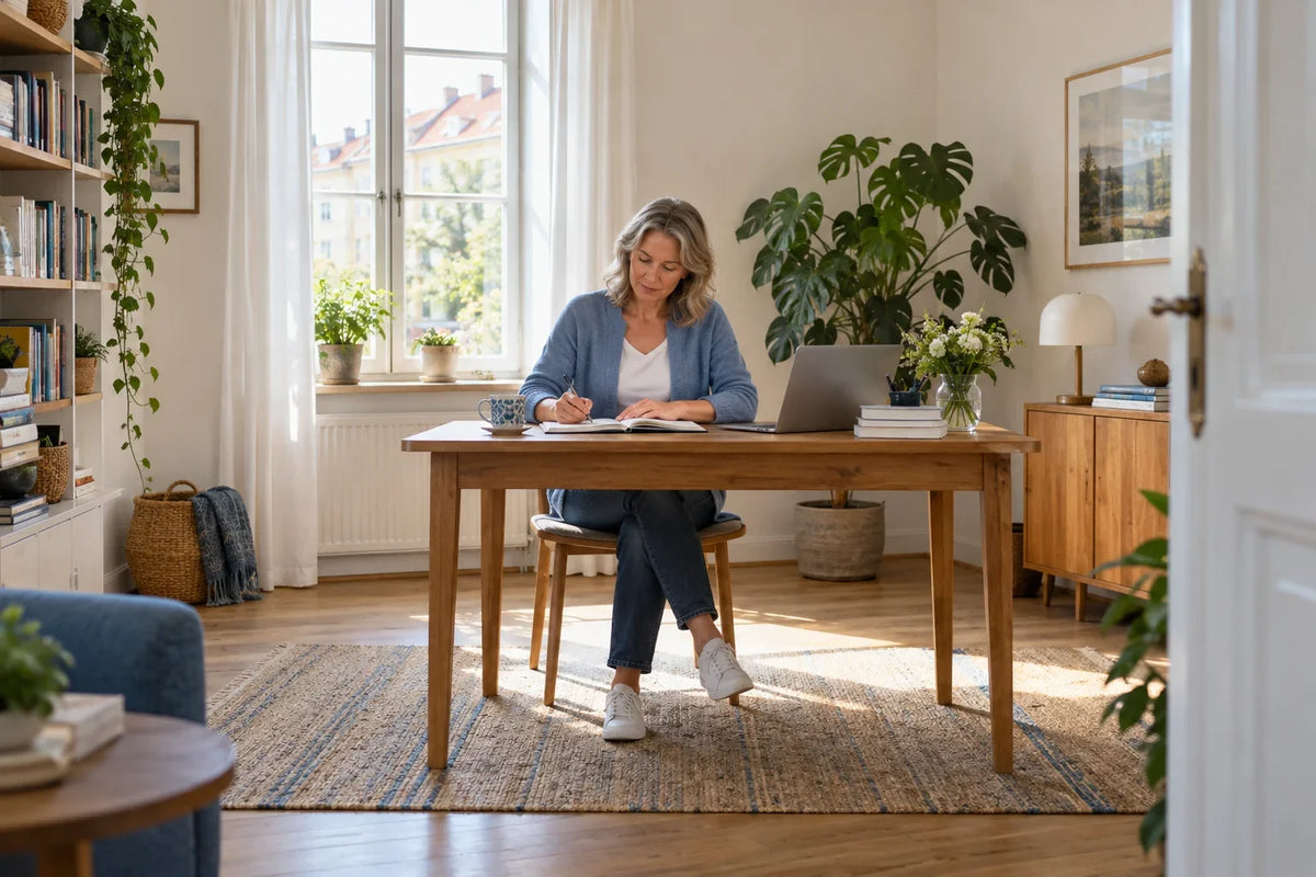 Woman writing in a notebook at a desk beside a large window.