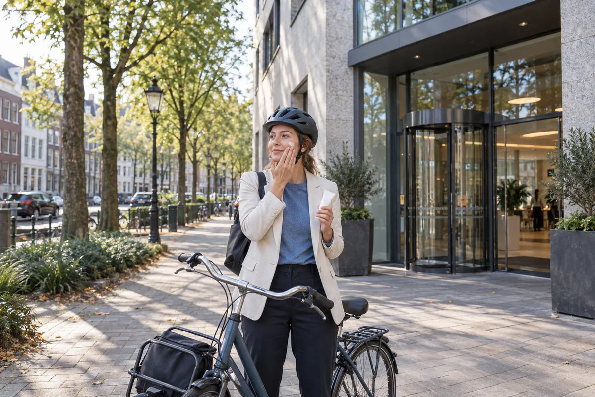 A woman wearing a bicycle helmet applies cream to her cheek beside her city bike outside an office.