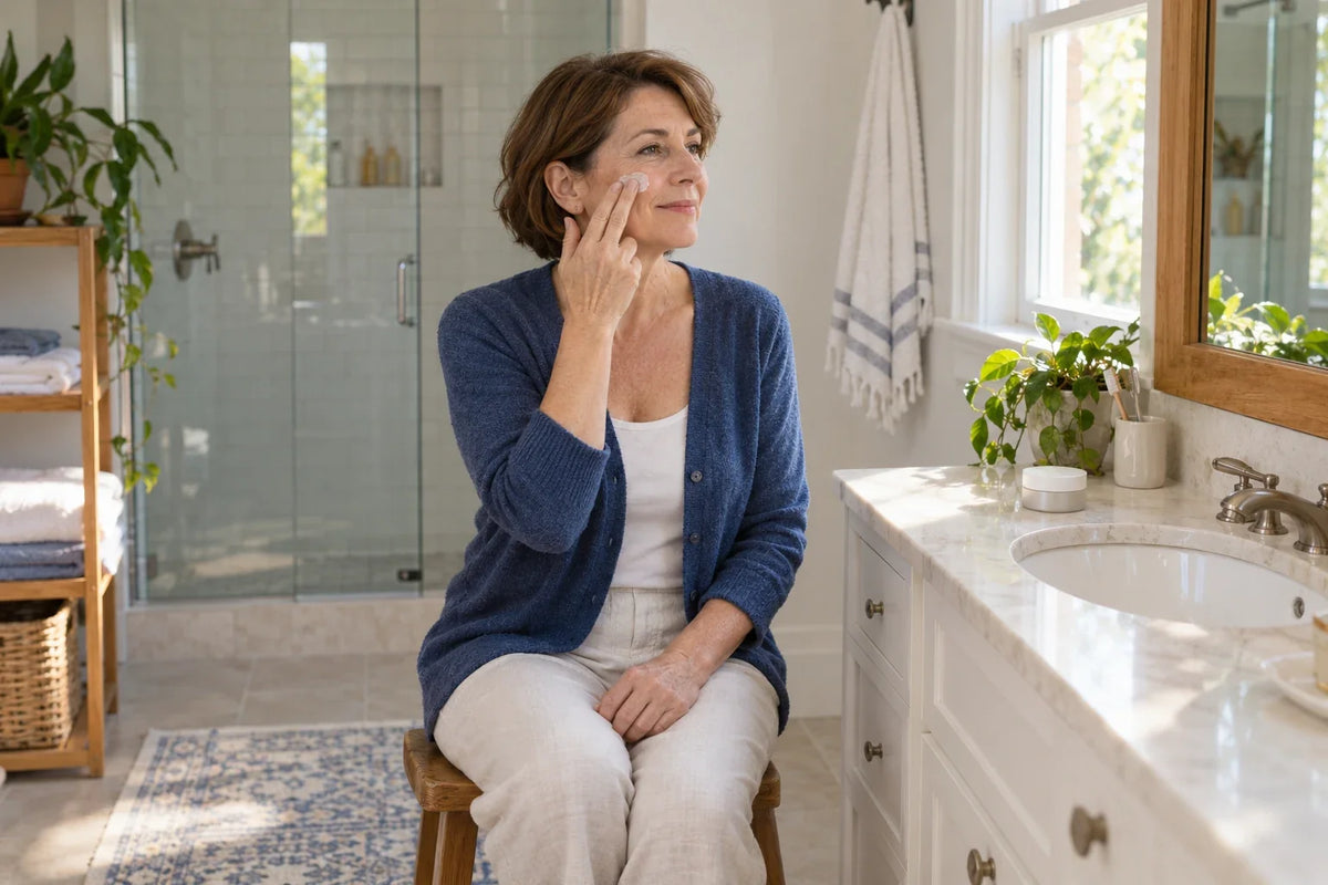 Woman in a blue cardigan applying cream to her cheek beside a bathroom window