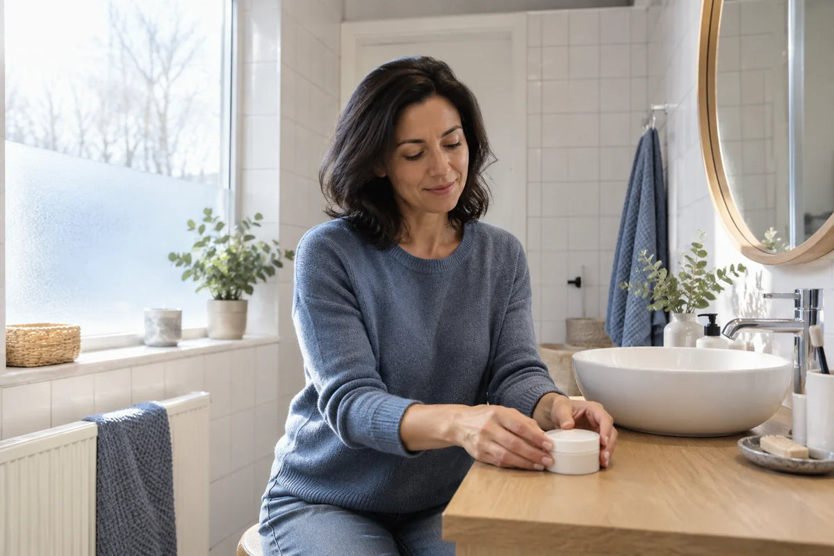 A woman places a closed white skincare jar on a wooden bathroom counter with both hands beside a window.