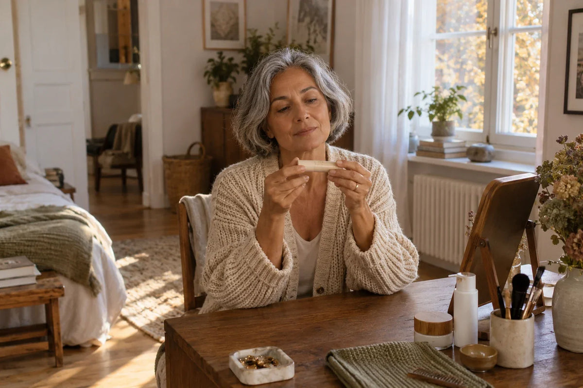A grey-haired woman holds a closed beige lip balm in both hands at a wooden dressing table.