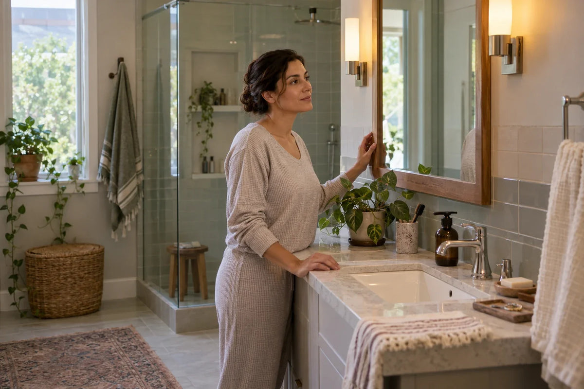 A woman looks at her face in a bathroom mirror, with one hand on the basin and the other at the mirror.