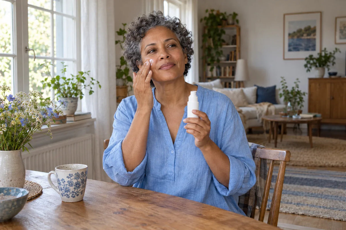 A woman with short grey curly hair applies cream to her cheek while holding a white pump bottle.