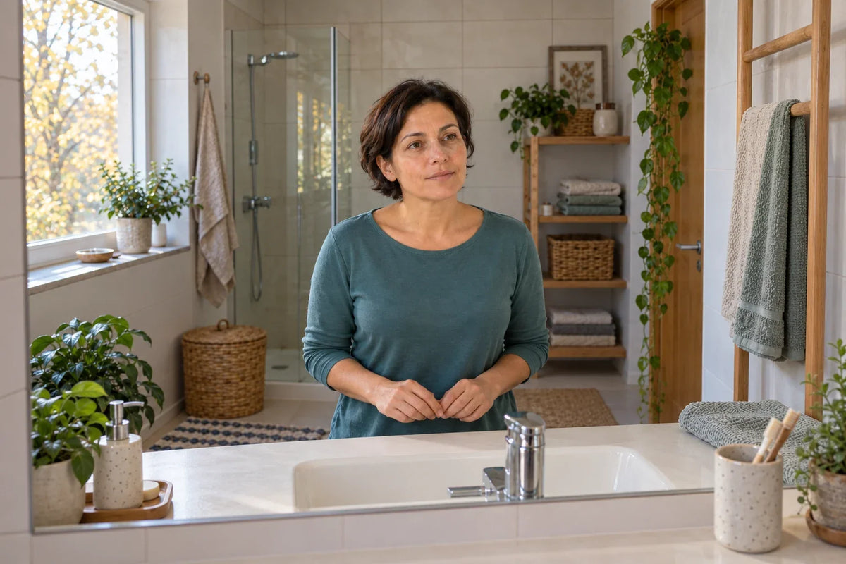 A woman in a green top looks into a bathroom mirror with her hands held low in front of her.
