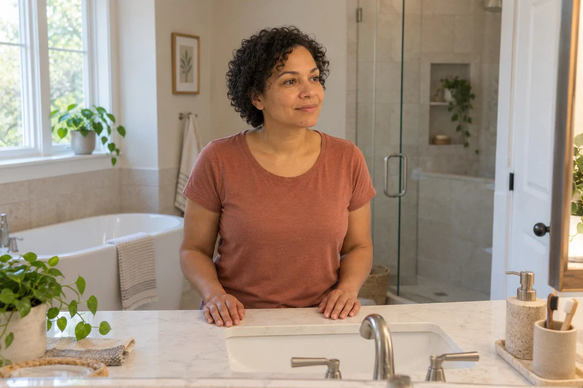 A woman with short curly hair stands at a basin, looking to one side with both hands resting on the counter.
