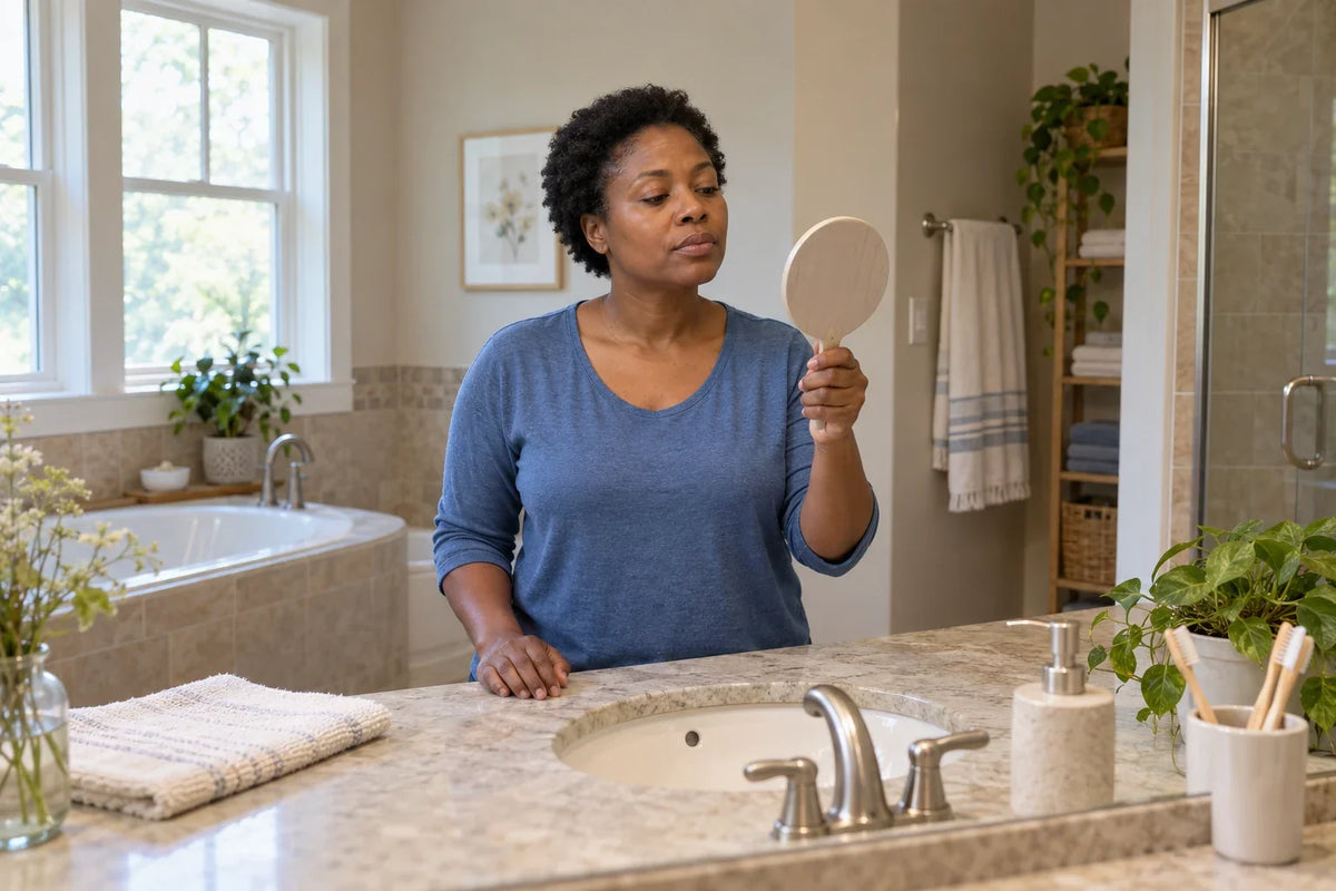 A woman in a blue top looks at her face in a handheld mirror; her other hand rests on the basin counter.