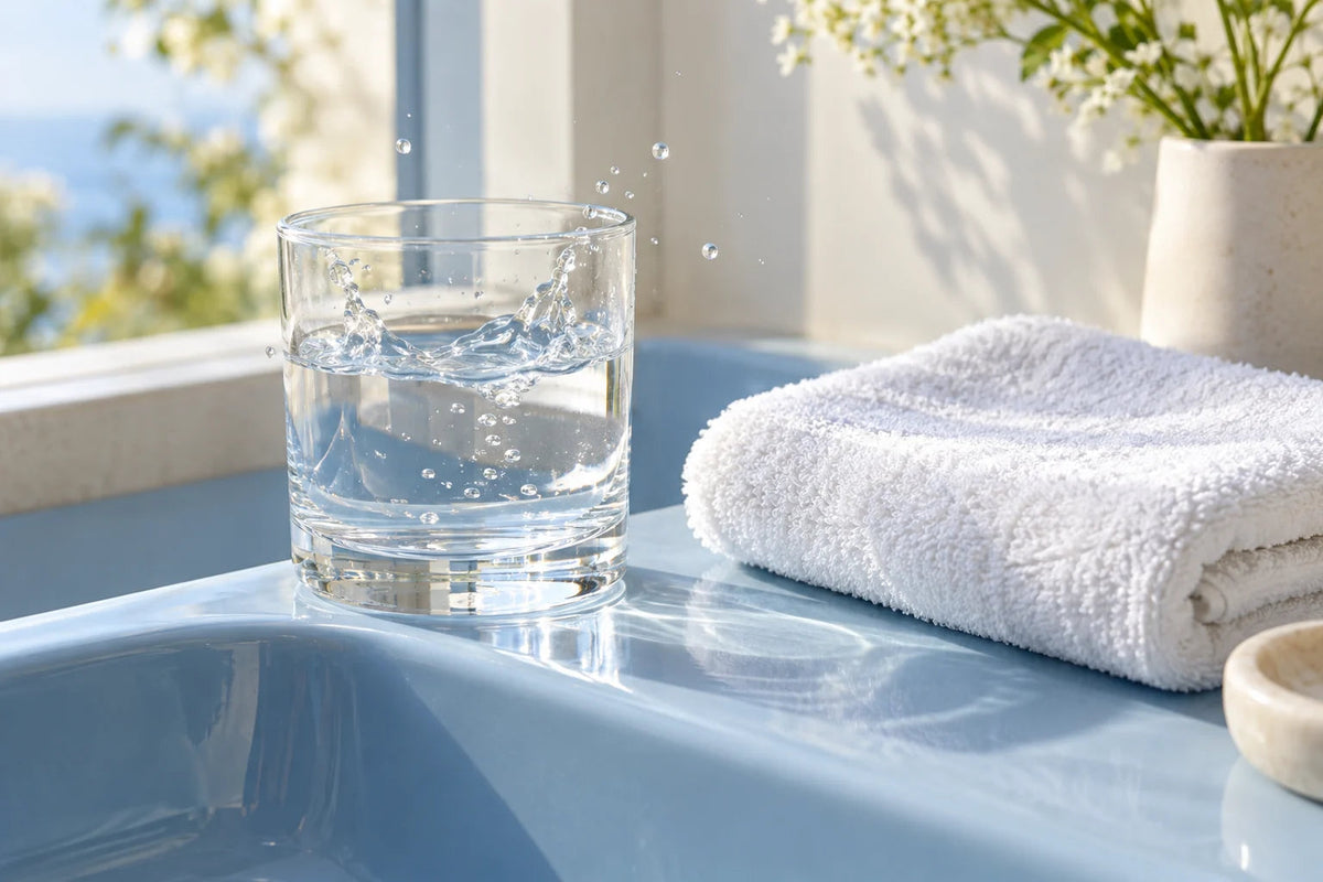 A glass of water and a white towel beside a sunny window