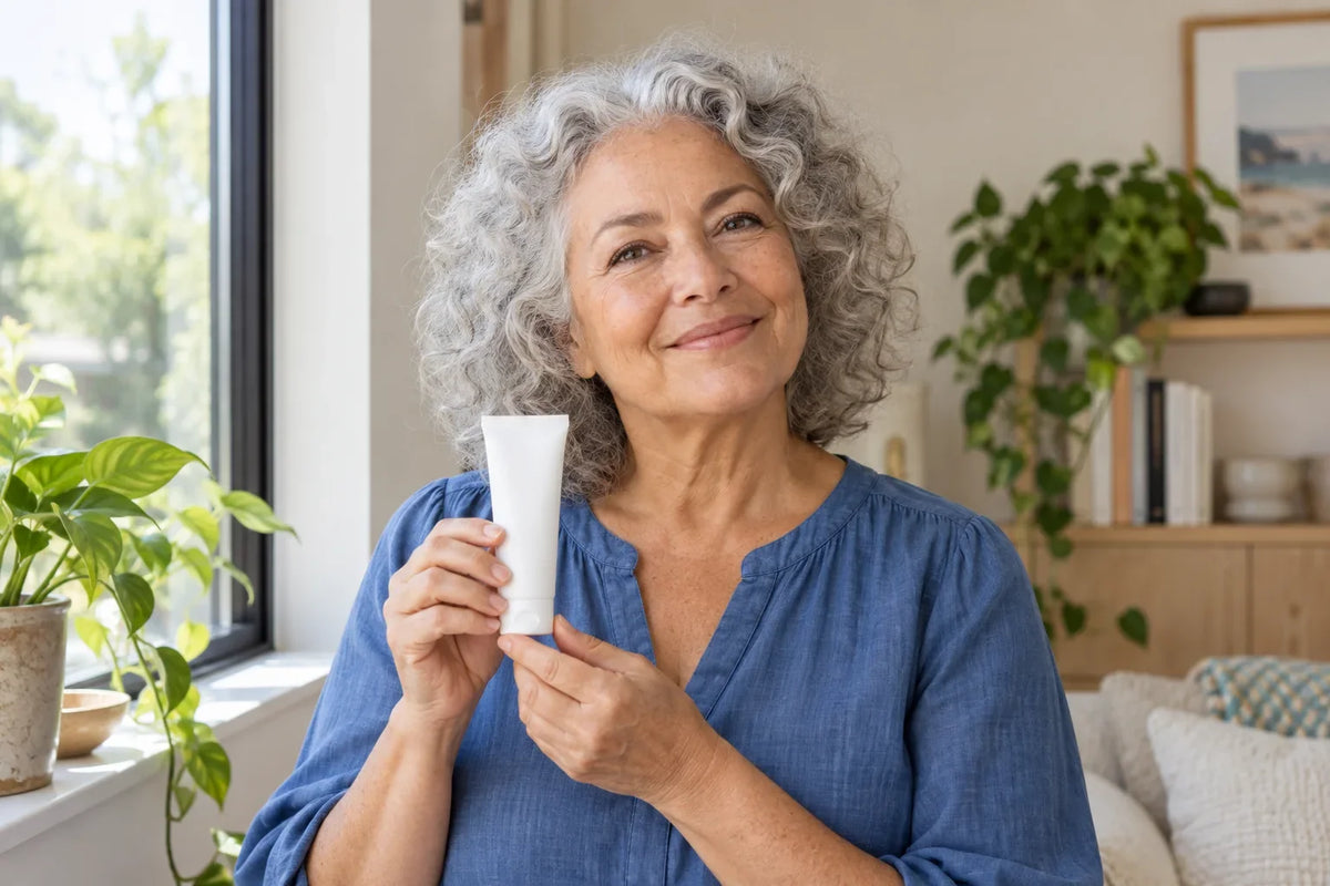 Woman with silver curls and natural smile lines holding a white tube beside a window