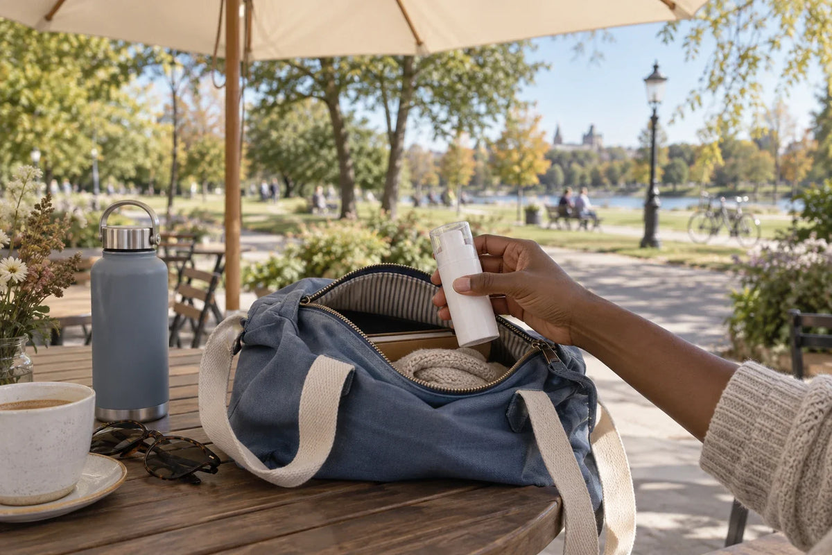 A hand holds a closed white pump bottle above a blue bag under a parasol.
