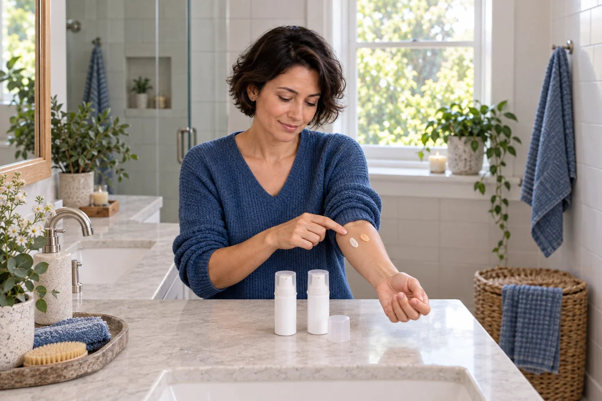 Woman compares two cream samples on her forearm beside a bathroom window