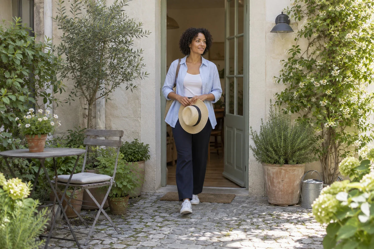 A woman holds a hat in a doorway opening onto a leafy courtyard.