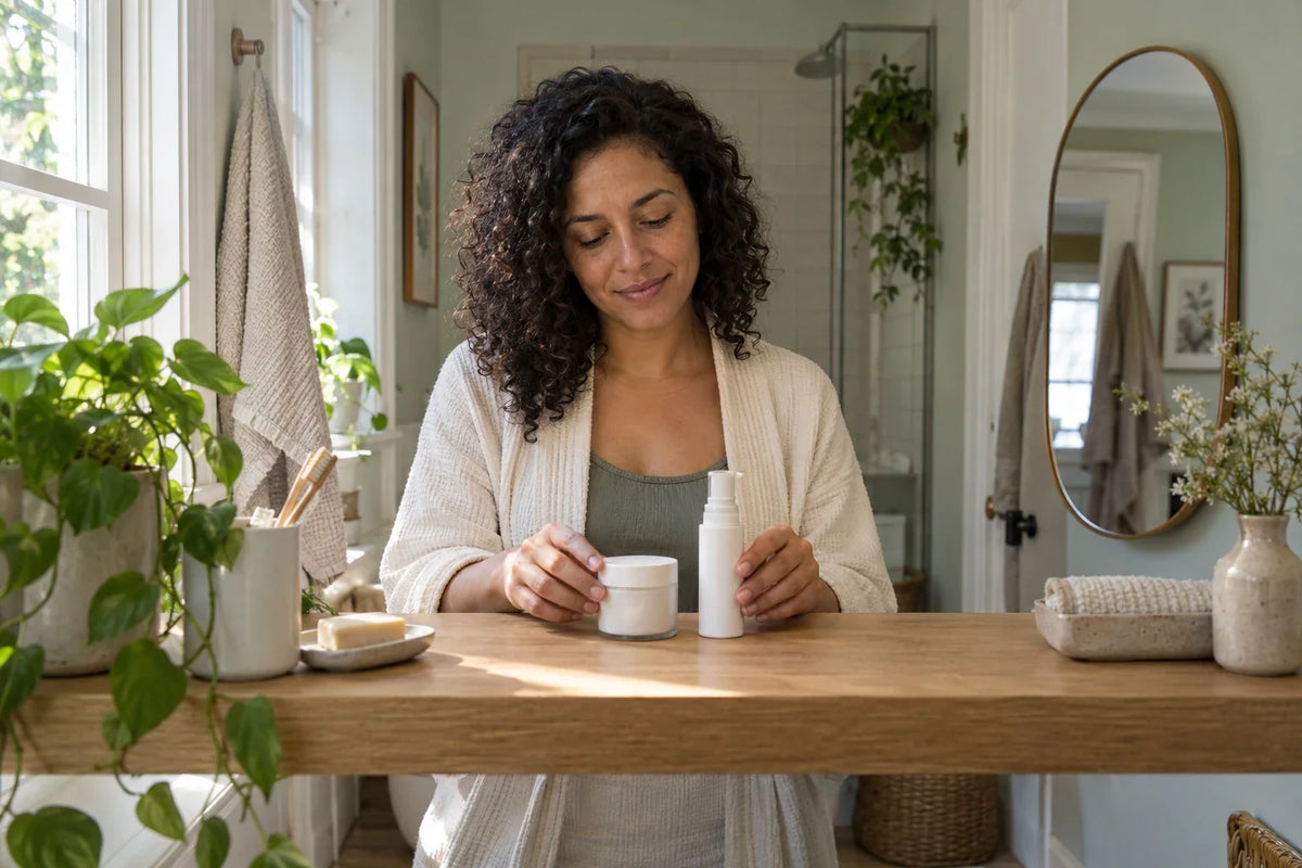 A woman places a closed white skincare jar and a white pump bottle on a wooden bathroom shelf.