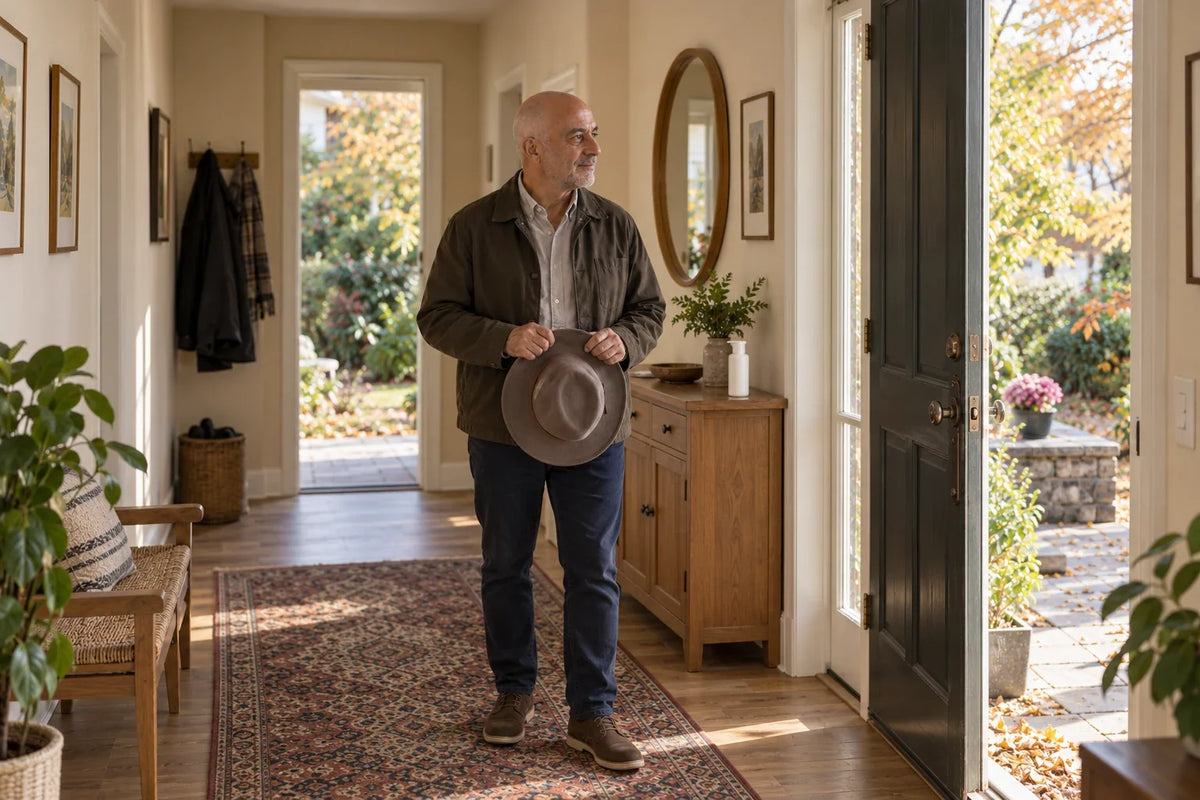A bald man with a grey beard holds a hat in both hands beside an open front door.