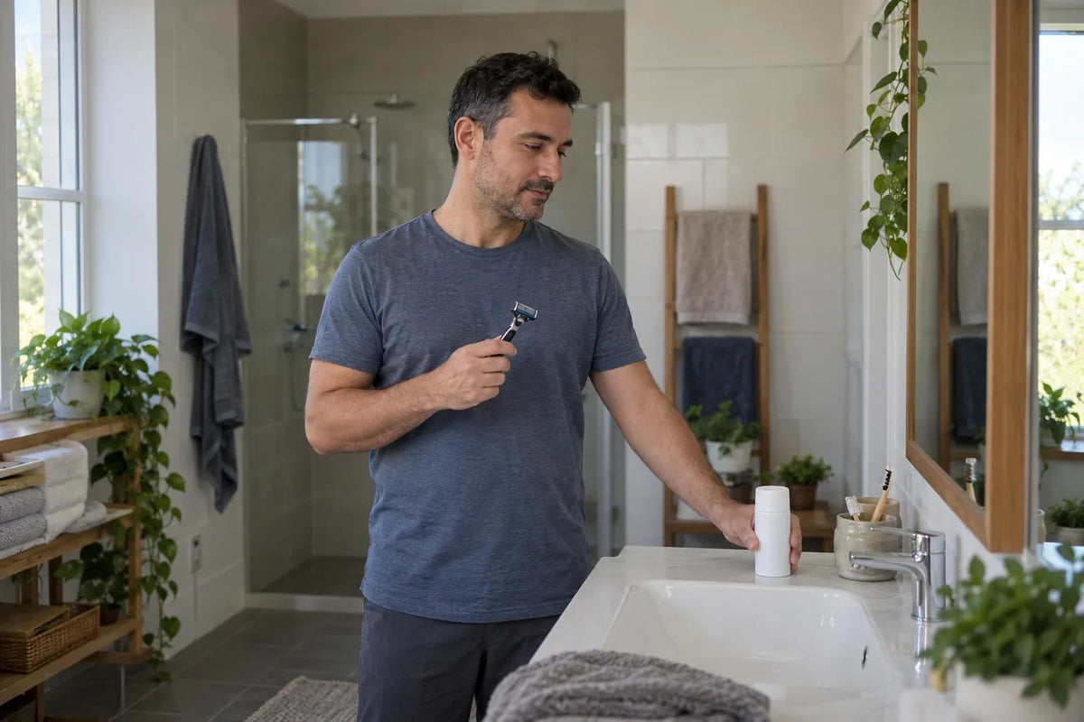 A man with short stubble holds a razor and places a closed white container on the bathroom counter.