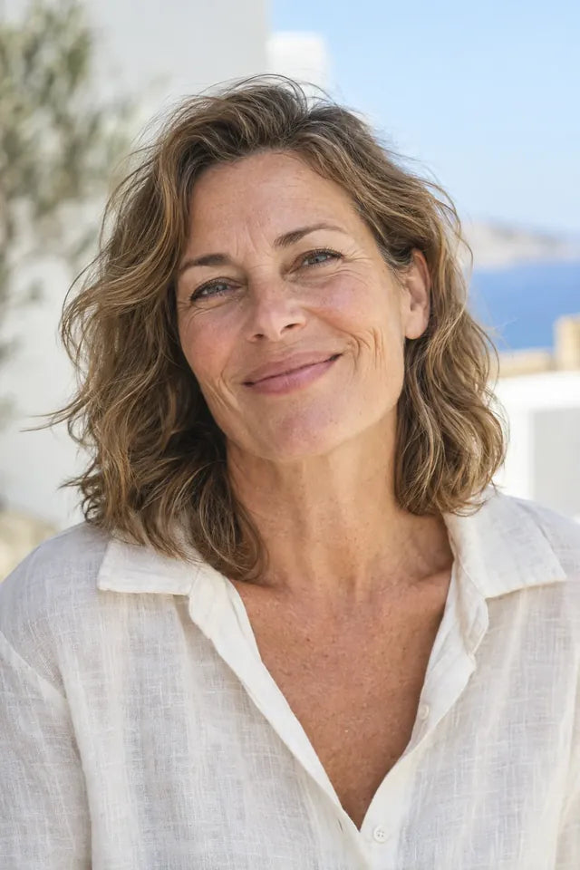 A woman with a relaxed smile and a light blouse