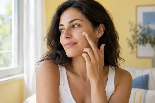 A woman applies cream to her cheek during her daily routine