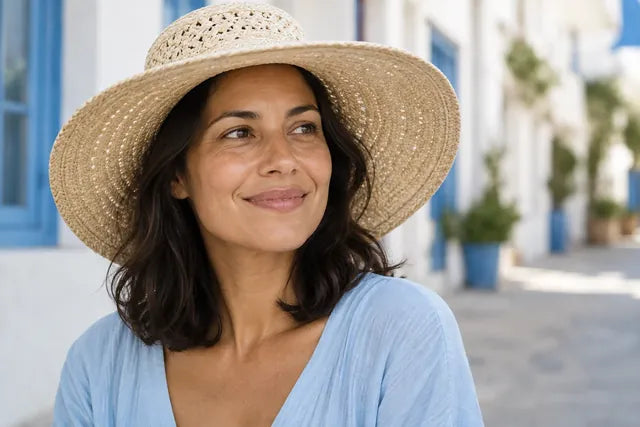 A woman wears a sun hat in the street