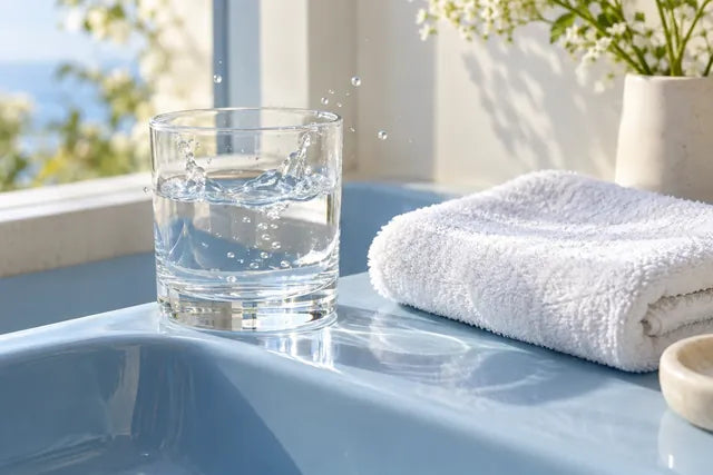A glass of water and a soft white towel in the morning light