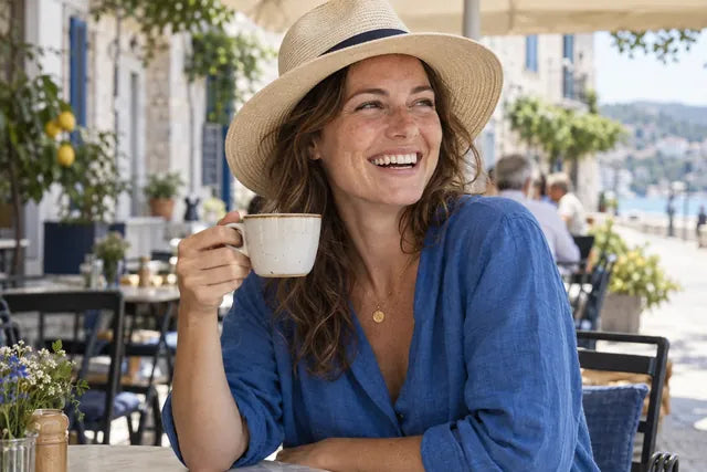 A smiling woman with a sun hat and coffee at a shaded outdoor café