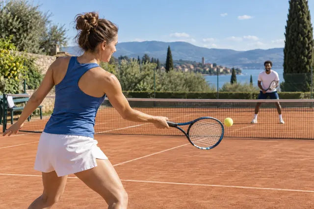 Two friends play tennis on an outdoor court