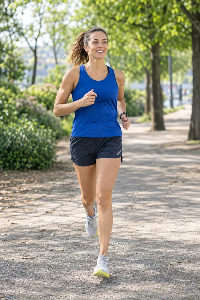 A woman in a blue sports top runs through a park