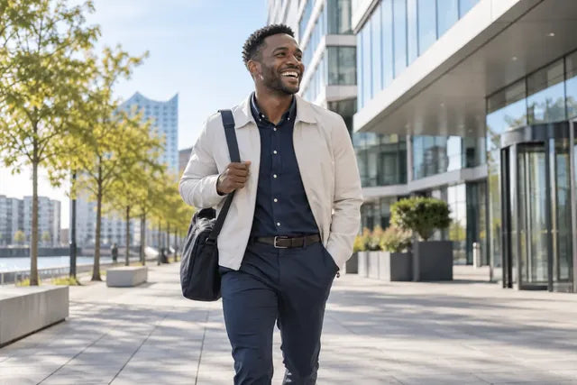 A man with a laptop bag on his way to work