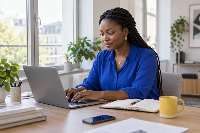 A woman in a blue blouse works on her laptop by a window