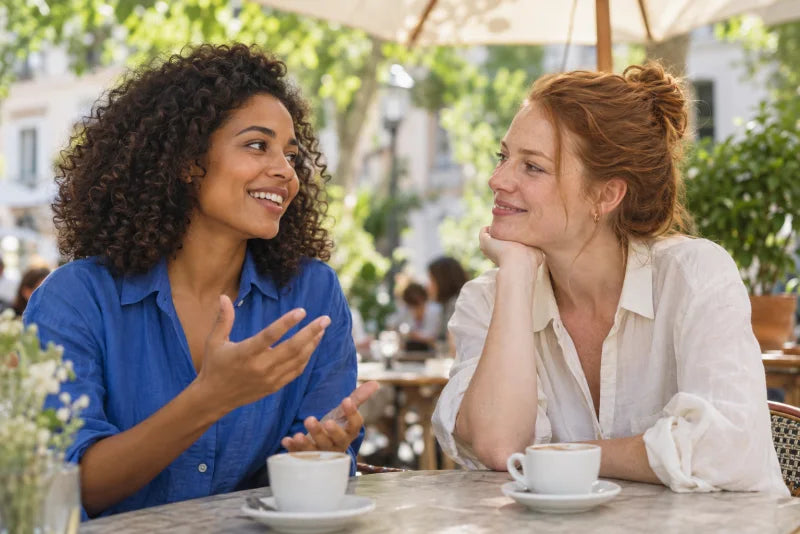 Two friends chat over coffee at a shaded outdoor café