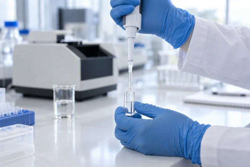 A researcher works with a pipette and a glass cuvette