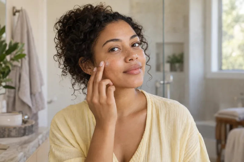 A woman applies a little cream to her cheek during her morning routine