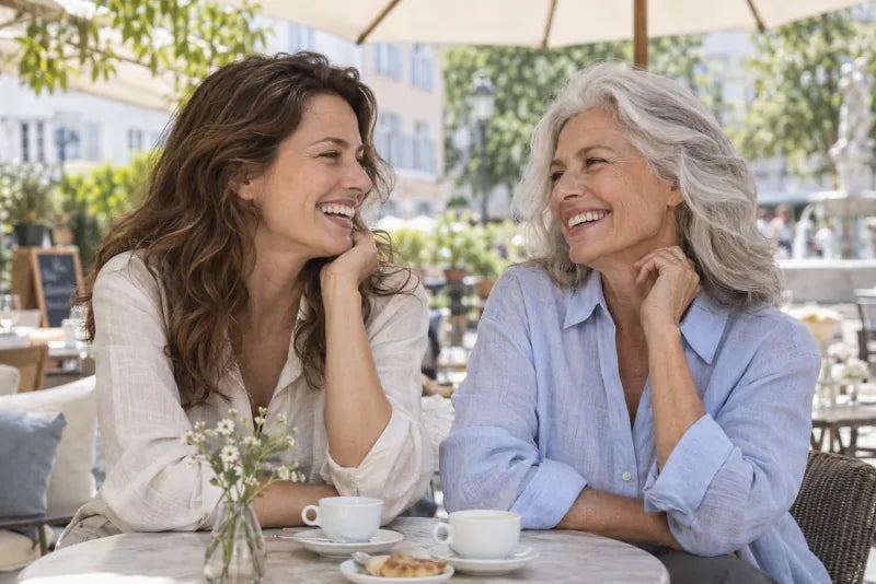 Two women of different ages laugh together under a parasol at an outdoor café