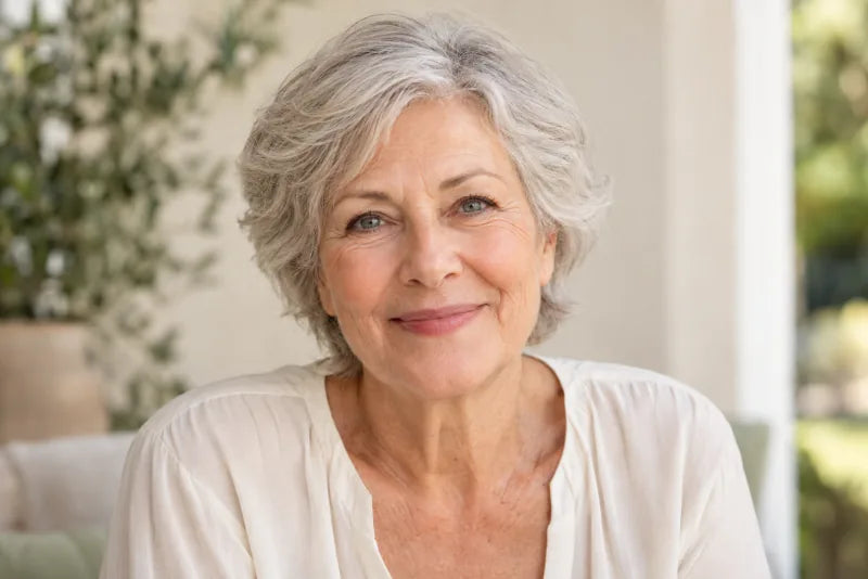 A woman with silver-grey hair and natural skin texture in soft daylight