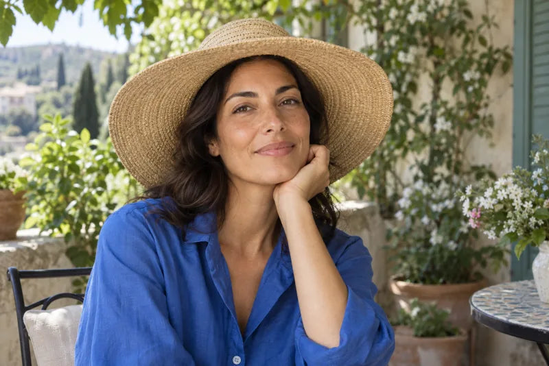 A woman in a wide-brimmed sun hat sits in the shade at an outdoor café